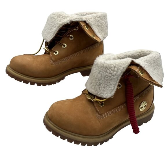 Timberland Womens 6.5W Teddy Fleece Fold-Down Wheat Waterproof Leather Boots - Picture 9 of 16